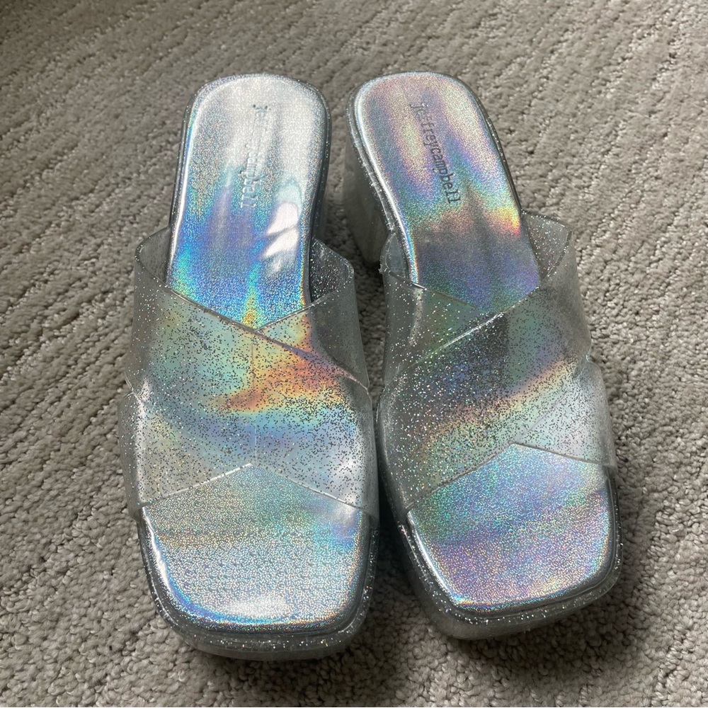 Jeffrey Campbell Silver Mules with Holographic Finish